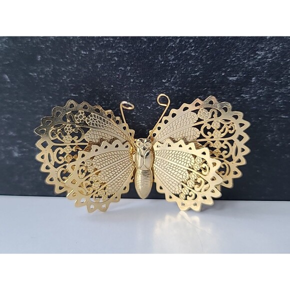 Gold Tone Metal Butterfly Brooch Vintage Costume Jewelry - Picture 3 of 10